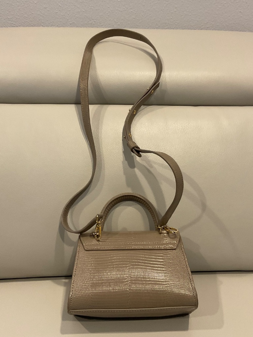 DeMellier Nano Montreal Deep Taupe Lizard Effect Top Handle Crossbody Bag - Picture 2 of 6